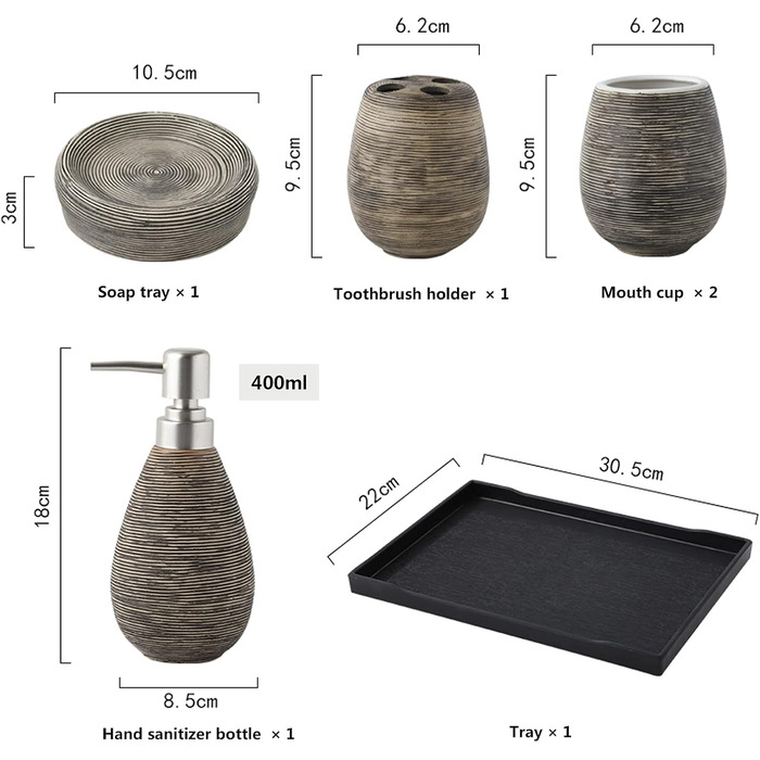 Набір аксесуарів для ванної кімнати Tauzveok з кераміки, 6 предметів: дозатор мила, тримач для зубних щіток, мильниця, стаканчик та підставка. Колір: коричневий.
