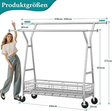 Підвісна шафа для одягу на коліщатках з подвійною перекладиною та сітчастим кошиком, 200 кг, великий об'єм для зберігання одягу та аксесуарів