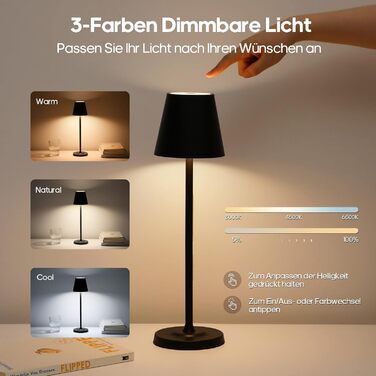 Світлодіодна настільна лампа 3-в-1 бездротова з акумулятором 5500mAh, регульована висота, димування, 3 кольори світла - USB акумуляторна настільна лампа металева водонепроникна сенсорна для дому та вулиці, чорна (набір 2 шт.)