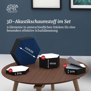 Акустичні 3D-панелі PolySound ECO гексагон, самоклеючі панелі для звукоізоляції офісу, геймерської зони та дому, набір 9 шт (3-10 см), колір Smoky Safari
