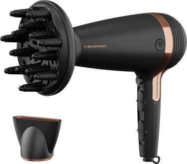 Фен для волосся Grundig Naturashine HD 7081, 2100 Вт, з іонізацією, керамічним покриттям з макадамією та кокосовою олією, автоматичним змотуванням кабелю, чорний/рожеве золото