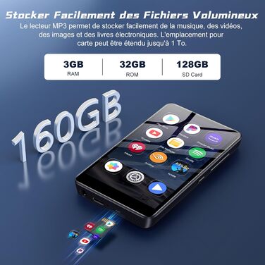 MP3 плеєр 160GB з Bluetooth, Wi-Fi, Android 13.0 та Spotify - чорний