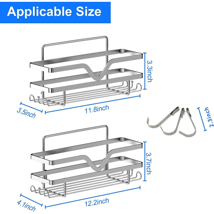 Двопакетна поличка для душу ASelected, органайзер для ванної кімнати без свердління, полиця для душу/кухні з тримачем для бритви, міцна нержавіюча сталь, 4 гачки, сріблястого кольору