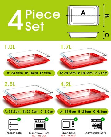 Set of 4 Glass Casserole Dishes with Lids, 1+1.7+2.8+4.2L - Lasagna Dish for Oven (NOT THE LID), Rectangular, Glass Storage Containers with Plastic Lid Rectangular with Lid - 1+1.7+2.8+4.2L