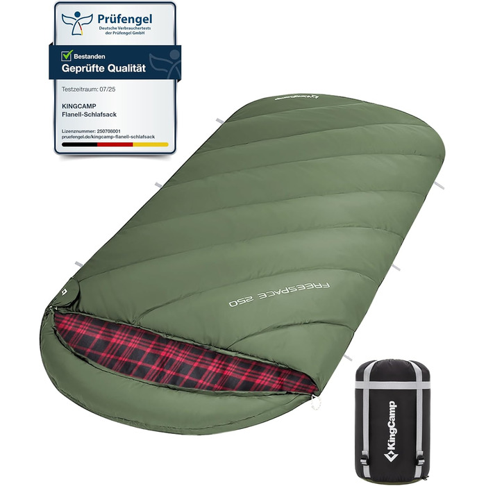 Сплячий мішок KingCamp XXL з бавовни фланель для дорослих, великий розмір, теплий, зимовий, для кемпінгу, подорожей та активностей на природі, 4-сезонний, 220x100 см, класичний оливковий колір