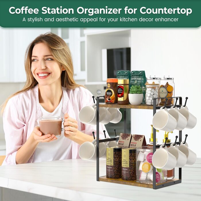 EsLuker.ly 2-Tier Mug Holder and Cup Stand, Mug Rack for Coffee Cups, Coffee Organizer for Countertop, Coffee Station Organizer with Mug Holder, Vintage Brown-Black