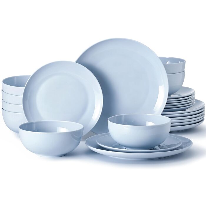 Сервіз HIKAA на 6 осіб, 24 елементи, з кісткового фарфору, набір тарілок, сумісний з мікрохвильовою піччю та посудомийною машиною, сервіз для дому, весілля, легкий та довговічний (блакитний)