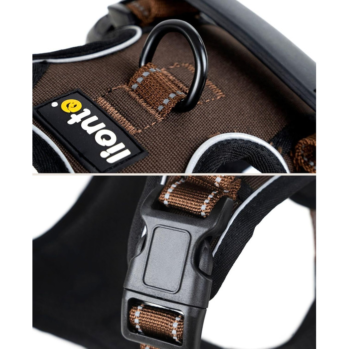 Нашийник для собак Lionto з м'якого нейлону, анти-тяга, з 2 кільцями та 4 регульованими ремінцями, 2 застібки-кліпси, гумовий ручка, розмір M, коричневий