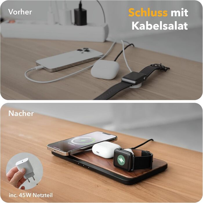 Woodcessories Multibase Pro: Бездротова зарядка 3-в-1 для iPhone, Apple Watch, AirPods з адаптером 45W - Walnut Wood