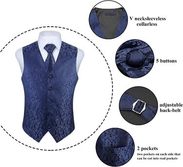 Костюмний жилет для чоловіків Enlision: Жилет та краватка з павальовим принтом, нагрудна хустинка, флоковий жакард, набір для весілля/вечірки, темно-синій, розмір M