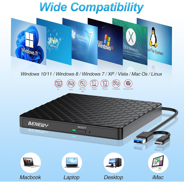 Зовнішній DVD CD привід BENEWY USB 3.0 та Type-C, портативний DVD-плеєр та записувач +/-RW для ноутбука, ПК, MacBook (Windows, Linux, Mac), чорний