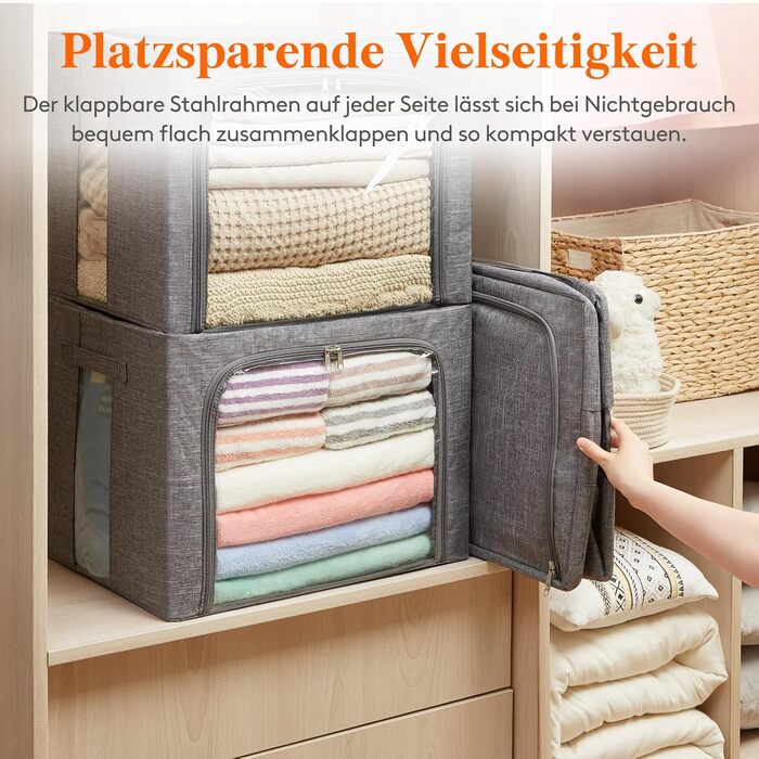 Коробка для зберігання одягу Lifewit з кришкою, металевий каркас, з ручками та вікном, сіра (2 шт., 75л)