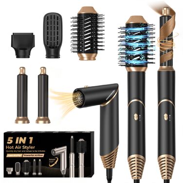 UKLISS 5-в-1 Фен-стайлер для волосся з набором плойки, щітки та інших насадок. Чорний/Золотий. Ідеальний подарунок для жінок