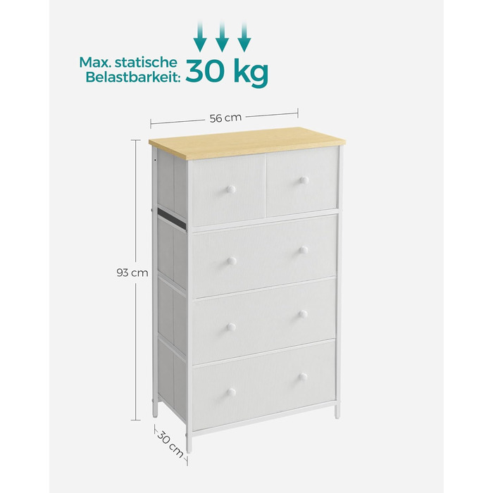 SONGMICS Chest of Drawers, Storage Cabinet, 5 Fabric Drawers, for Entryway, Living Room, White-Oak Finish LTS514W57
