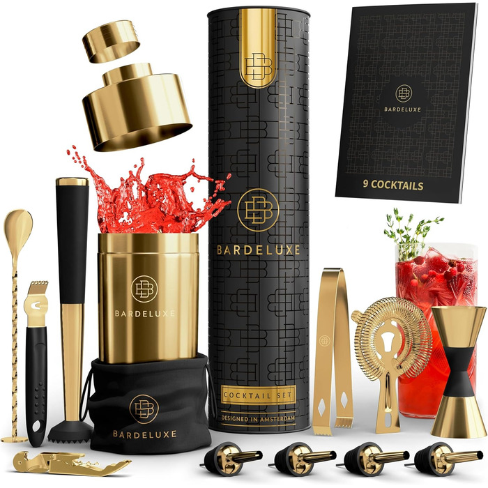 BarDeluxe® Cocktail Set, 12-Piece | Bartender Set, Cocktail Mixer Set | 750ml Stainless Steel Cocktail Shaker, Cocktail Shaker Set, Bartender Set | Luxury Cocktail Gift Set (Deep Gold)