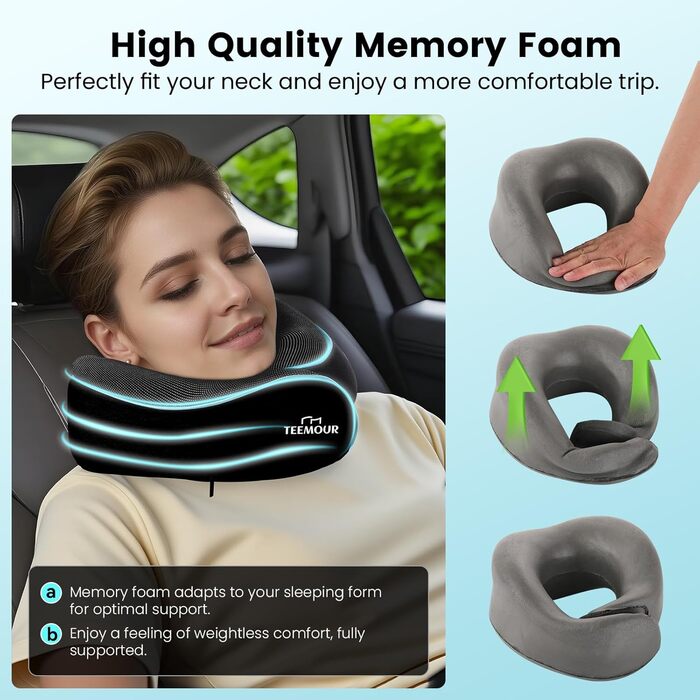Подушка для шиї у літак з піною Memory Foam - зручна та портативна для подорожей літаком, потягом, автомобілем та у ділових поїздках (чорна)
