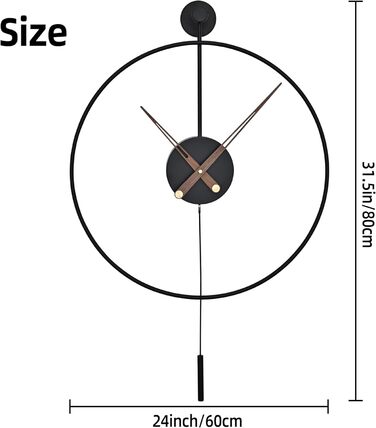 HAITANG Large Modern Living Room Clock, XXL Round Metal Wall Clock for Kitchen Office Bedroom, Vintage Wall Clocks, Battery Powered, Non-Ticking, Silent Movement, Home Decoration, 60 cm (60CM, Black with Pendulum)