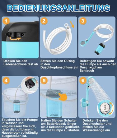 WADEO Portable Camping Shower Battery with Pump and Shower Bucket, Camping Shower with Rechargeable Battery, Mobile Shower Outdoor Showers with Shower Head, for Camping Trips, Garden, Hiking, Car Washing (Blue, with 20L Container)