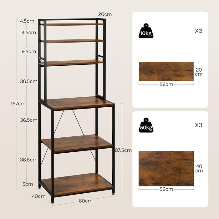 Стелаж кухонний Woltu з 6 полицями, з гачками, з металу та інженерної деревини, 60 x 167 x 40 см, рустичний коричнево-чорний