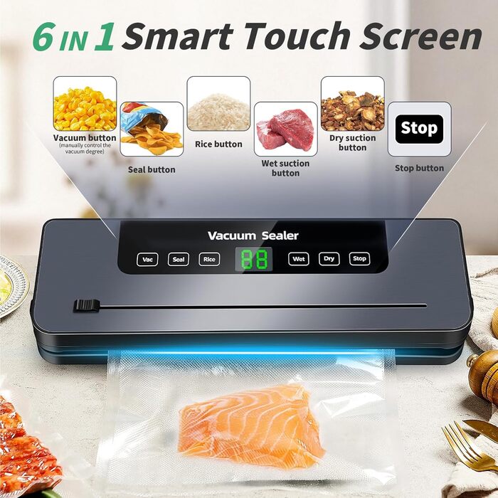 Вакуумний пакувальник 6-в-1 з цифровим LED-дисплеєм та 30 см зварювальною лінією, 50 шт. вакуумних пакетів, зовнішній шланг, для сухих та вологих продуктів, срібла