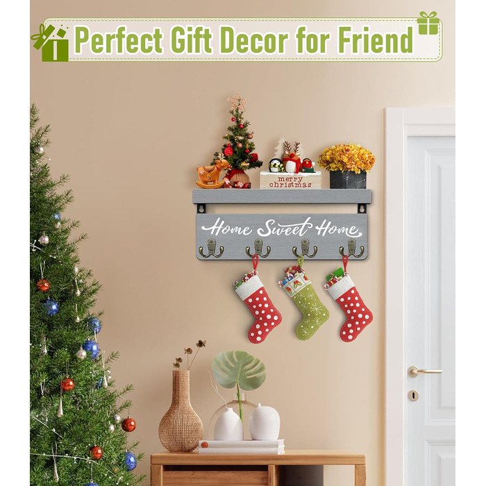Key board with shelf, wooden key holder with 4 hooks, wall-mounted key rack for entryway, hallway, bedroom, living room, White (Green)