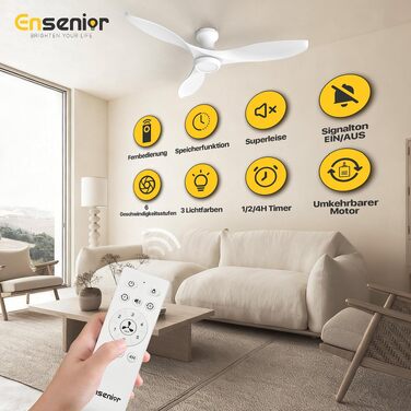 Стельовий вентилятор з освітленням Ensenior 132 см, тихий DC-мотор, 6 швидкостей, 3 режими світла, з пультом керування для спальні та вітальні, білий