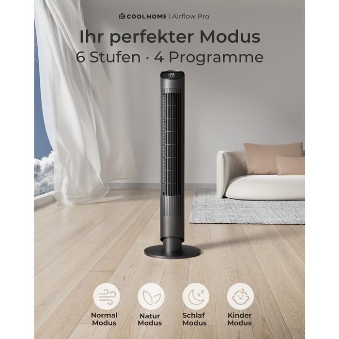 Турбовентилятор CF2401 з пультом керування та додатком: тихий підлоговий вентилятор з таймером та LED-підсвіткою, дитяча безпека, чорний, 102 см