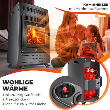 Газовий обігрівач KESSER® - газовий камін з інфрачервоним нагрівачем, 3.4 кВт, 2 режими, з газовим редуктором та шлангом, для бутану/пропану, антрацит