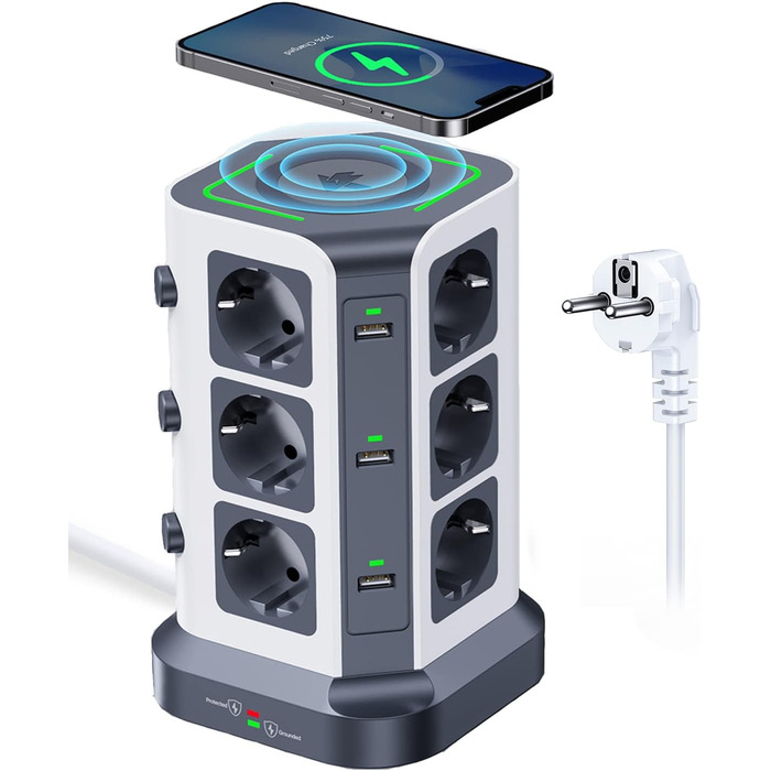 Многорозетка Koosla з USB-C, 12 розеток, захист від перенапруги 1500 Дж, індивідуальне вмикання, 5 м кабель, сіра (бездротовий заряд 30 Вт)