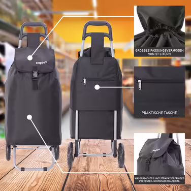 Hoppa 57L Stable Shopping Trolley, Foldable Shopping Trolley, Multifunctional Shopping Cart with Removable Bag, Rolling Shopping Cart, Wagon (Black)