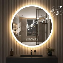 Круглий дзеркало для ванної кімнати з LED-підсвічуванням, 60 см, з функцією проти запотівання, сенсорним перемикачем та Bluetooth, регульована яскравість, 3000K/4000K/6500K, HD-загартоване скло, 600*600 мм