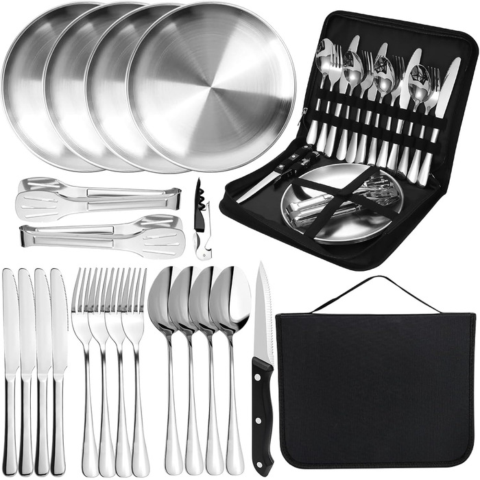 Набір посуду для кемпінгу MOMAHUA на 2 особи (10 шт.): нержавіюча сталь, для пікніків та подорожей, з сумкою для багаторазового використання. Срібний набір посуду на 4 особи