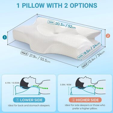 Ортопедична подушка Elviros для шиї з Memory Foam, 54x11/9x33 см, срібно-сіра. Підтримка шиї та плечей, знімний чохол, ергономічна форма.