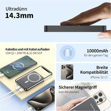 Портативний зарядний Power Bank Portentum MagSafe 10000 mAh: Швидка зарядка 22.5W, Qi 15W, USB-C, USB-A, Ultra-Slim 14mm для iPhone, Samsung, смартфонів, планшетів