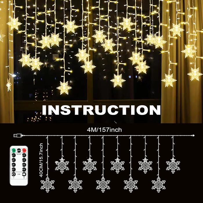 Льоново-снігові гірлянди AUAUY для прикраси дому та саду, 6м, 40 LED, тепле світло, 2 режими, водонепроникні, з пультом (4м)