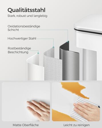 Сміттєве відро SONGMICS 40 л з педаллю, сталеве, з м'яким закриттям, 15 мішків, LTB540A02 (біле)