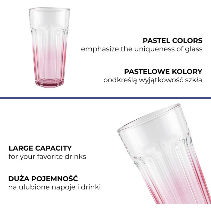 TREND FOR HOME Gigi Secret Pastels Large Drinking Glasses 630 ml, Set of 6 Cocktail Glasses, XXL Long Drink Glasses, Dishwasher Safe, Perfect for Home