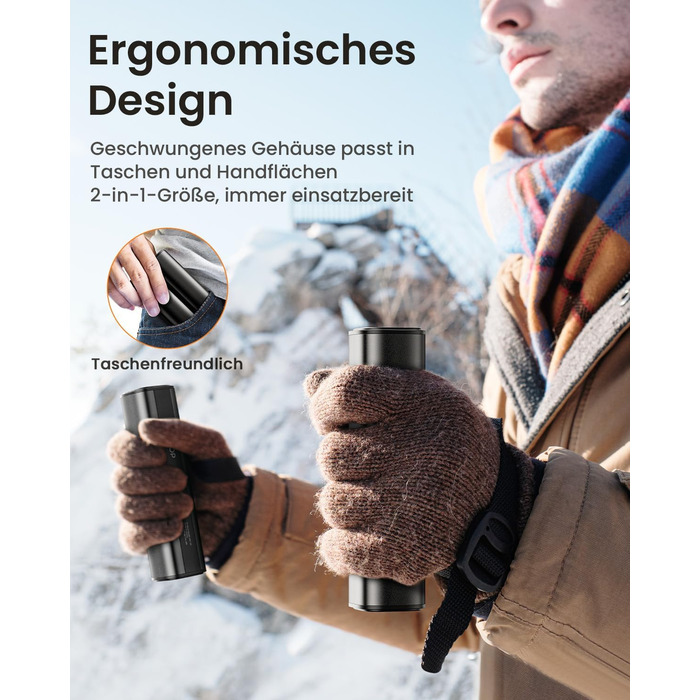 Електричний грієчка для рук Gaiatop 8000mAh з LED-ліхтариком, 2 шт. Магнітний, 3 температури, швидкий нагрів, для жінок, сім'ї, активного відпочинку, чорний