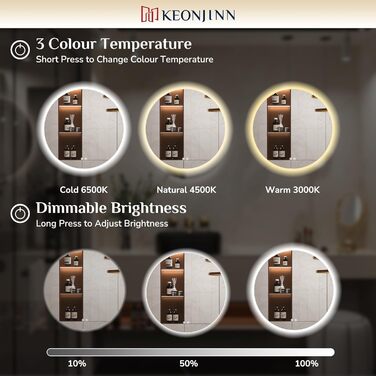 Дзеркало для ванної кімнати Keonjinn кругле, 60см з підсвічуванням, антизапар, сенсорне управління, пам'ять, 3 кольори світла, регулювання яскравості, LED, без рамки