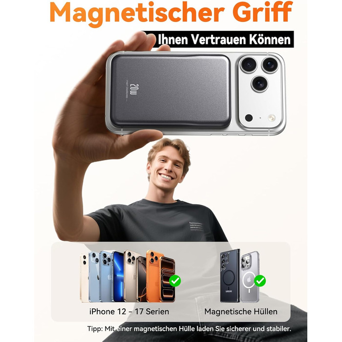 Power Bank MagSafe 10000mAh Сірий: Бездротовий магнітний зарядний пристрій для iPhone 12/13/14/15/16/17 Pro Max з USB-C, 20W PD швидка зарядка