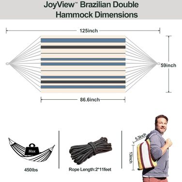 Гамак подвійний JoyView бразильський, бавовняний, 220x150 см, з мотузками для підвішування, смугастий (синьо-білий) для тераси та дому