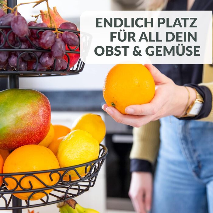Підставка для фруктів Chefarone: 3 яруси, чорний метал, 34x34x52 см. Зберігайте фрукти свіжими!