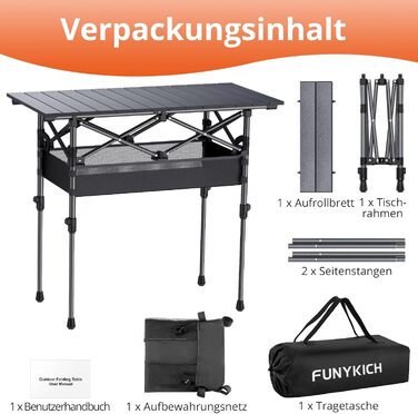 Складаний туристичний стіл FUNYKICH 82x40 см з регулюванням висоти (44/70 см), з сітчастою кишенею, для пікніка, кемпінгу, BBQ, саду