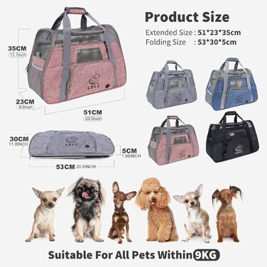 Транспортна переноска для собак та котів PETCUTE, переноска для тварин з м'яким матрацом, тканина Oxford, з регульованим ременем, відповідає стандартам авіакомпаній (Рожева, 51 x 23 x 35 см)