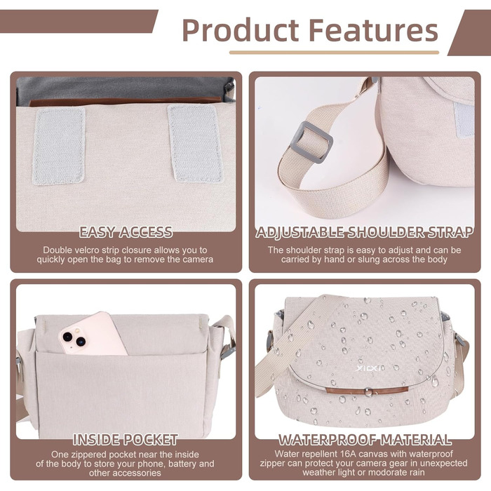 Сумка для камери: сумісна з Fujifilm, Canon, Nikon, Sony SLR/DSLR, водонепроникна, стильна, універсальна (бежевий, сірий)