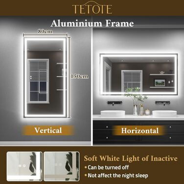 Дзеркало для ванної кімнати TETOTE з підсвічуванням 50x70 см, без рами, LED, сенсорне керування, 3 кольори, регулювання яскравості, функція пам'яті