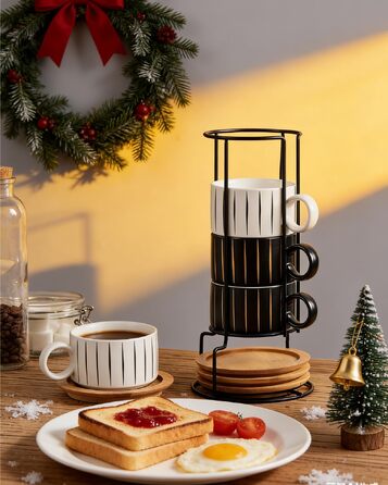 Набір кавових чашок Home Decor Cappuccino - 4 шт по 160 мл з підставками та стійкою - Керамічні чашки для еспресо, капучино, лате - колекція Stripe