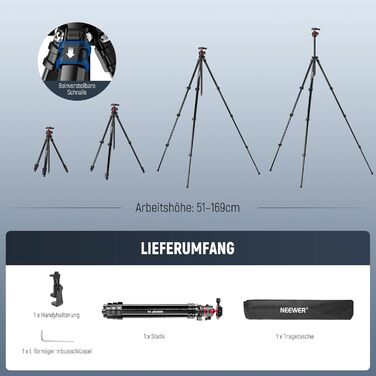NEEWER Штатив для камери 169см, легкий, з кульковою головкою, Arca тип, тримач для телефону, максимальне навантаження 11lb, TP12