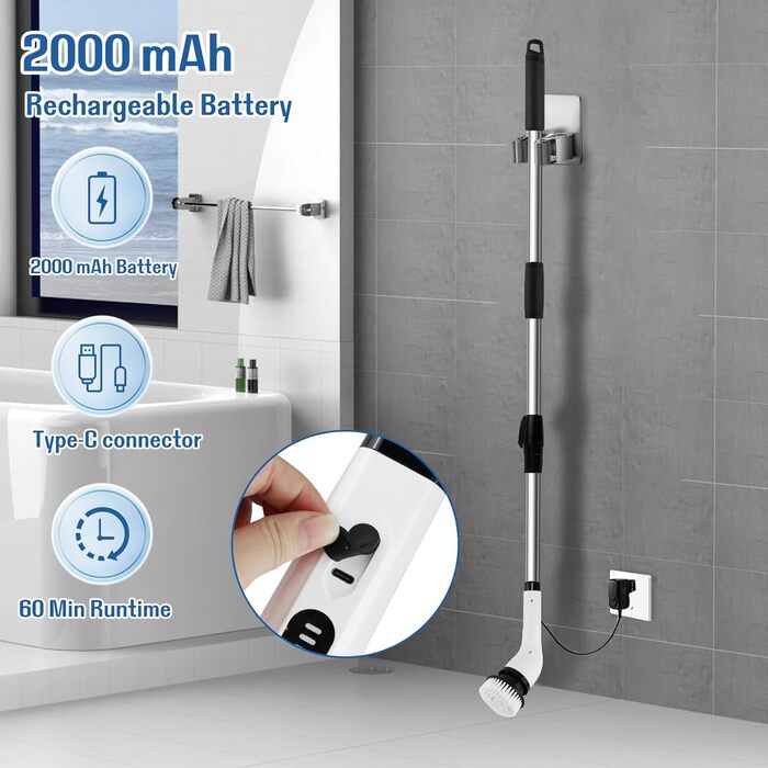 Електрична ротаційна щітка для прибирання будинку, набір з акумулятором, для ванної кімнати, з 7 змінними насадками, скребок для плитки, пристрій з регульованою ручкою, для підлоги та авто