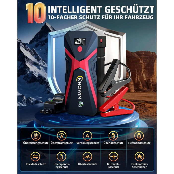 Портативний пусковий пристрій NHOWIN 4000A: Powerbank для авто 12V, 20000 mAh, 4-в-1, з кабелями та LED-ліхтариком для подорожей та надзвичайних ситуацій